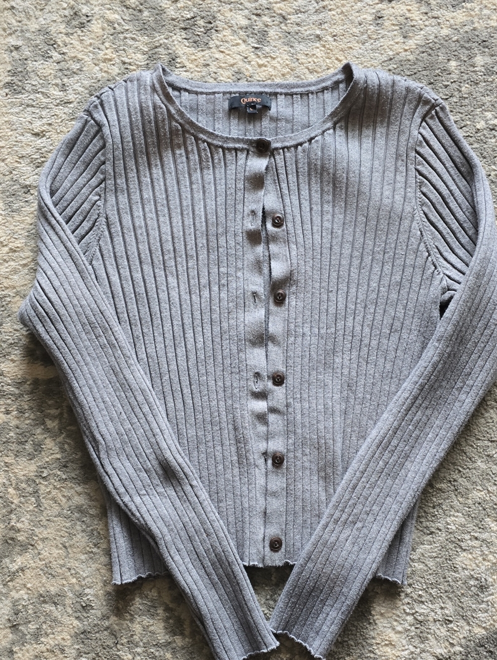 Quince Ribbed Button-Front Cardigan — Light Gray